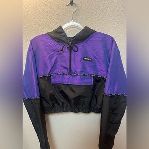 purple and black cropped windbreaker jacket. petals and peacocks size large